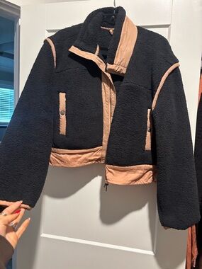 Free People Black Teddy Jacket with Tan Trim